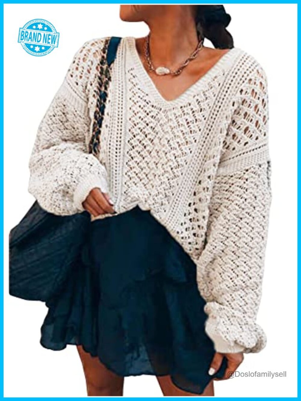Women's Oversized V Neck Off Shoulder Crochet Sweater Batwing Sleeve Pullover